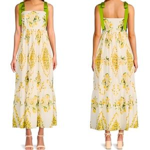 ANTONIO MELANI Vera Lemon Floral Square Neck Ribbon Tie Shoulder Maxi Dress • 14